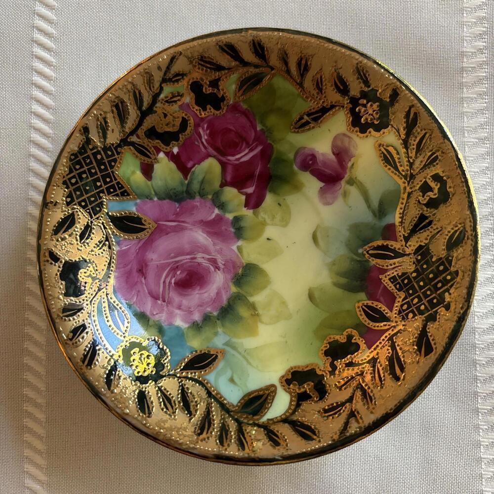 Antique Hand Painted Roses & Heavy Gold 5” Porcelain Saucer Victorian Era
